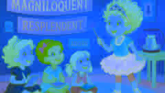 Nancy con estilo enseña con entusiasmo a sus amigas palabras sofisticadas en un aula llena de color y creatividad.