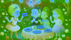 Nancy y sus amigos intercambiando sinónimos elegantes mientras llevan atuendos festivos en un jardín encantado.