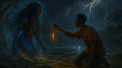 Mami Wata emerging in a thunderstorm as Kelechi offers a precious pendant