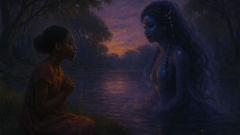 Ifeoma meeting Mami Wata at dusk by the tranquil riverbank