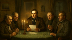 Chichikov seated among Russian landowners in a dimly lit drawing room.