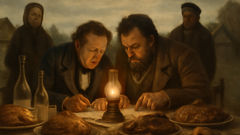 Chichikov negotiating with Sobakevich at a lavish Russian dining table.