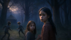 Children dare each other at the edge of a dark forest under a fading sun.