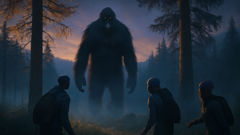 Silueta de Chuchunya observando a los investigadores en el bosque siberiano al atardecer.