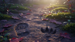 A pair of tracks in soft earth: a human boot print beside an animal hoof, suggesting the Chullachaqui's presence.