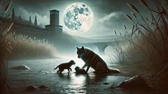 Romulus and Remus nursed by she-wolf on Tiber banks