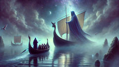 Manannán mac Lir ferries Bran mac Febal’s boat through silver mists towards the Otherworld.