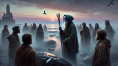 Manannán mac Lir disguised as an old fisherman offers guidance to villagers on a misty shore.
