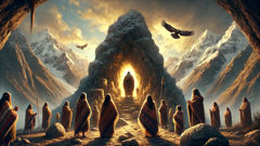 Os irmãos Ayar selam solenemente Ayar Cachi dentro de uma caverna, cercada por picos andinos.