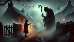 The Bodach, hunched and grinning, confronts Old Finn at a foggy village crossroads