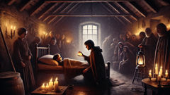 The Bodach kneels beside a sick child’s bed as villagers watch in a candlelit cottage