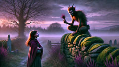 The Bodach perches atop a stone wall at dusk, presenting Aoife with a riddle