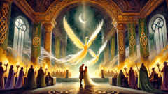 Midir et Étaín se transforment en cygnes et s'échappent du palais de Tara.