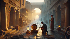 Gatekeeper Marcus placing an offering at the shrine of Janus before opening the gate