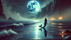 Una selkie en la orilla, bajo la luz de la luna, junto a una charca de marea que refleja un pequeño pueblo tras los acantilados.