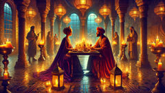 King Solomon and Queen Makeda share a private banquet beneath lantern light.