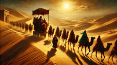 Queen Makeda’s grand caravan crossing the desert toward Jerusalem.