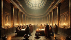 Roman senators consulting the Sibylline Books with priests before making decisions
