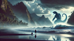 Una playa de arena negra, mientras el monstruo marino se eleva y un titán de las montañas lejanas avanza por el bosque.