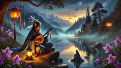 Kinnari singing by a mirror lake at twilight while a prince listens from the shore, reflection shimmering in still water