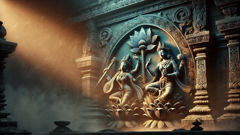 Temple carving of a Kinnari and Kinnara dancing around a lotus, moonlight revealing carved feathers and instruments