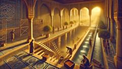 Handwerker und Gärtner arbeiten zusammen, um Shaddads Paradies zu gestalten: Steinmetze, Wasserbauingenieure und Gärtner im Licht einer frisch fertiggestellten Terrasse.