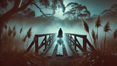 Figura espectral en un antiguo puente de madera en una zona rural de Campbelltown durante la noche.