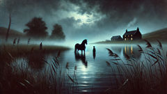 Ufer eines Lochs bei Nacht, mit der Silhouette eines nassen schwarzen Pferdes und einem kleinen Kind in der Nähe des Wassers.