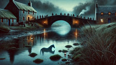 Flussufer in der Dämmerung, mit Nebel und einer Andeutung eines pferdegestalteten Schattens unter der Wasseroberfläche.