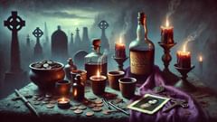 Una mesa ritual dispuesta para Maman Brigitte: ron vertido en copas pequeñas, velas negras, monedas, objetos de hierro y un paño morado.