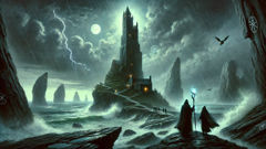 Cian and Biróg approach Ethnea's enchanted tower on stormy Tory Island.