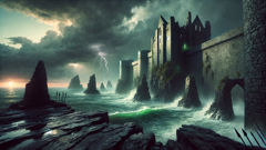 Fomorian fortress on stormy Tory Island under a dark sky.