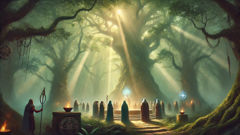 Tuatha De Danann gathered in a sacred Irish forest with magical relics