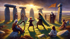 Young Lugh training in arts and warfare among druids and warriors at Tara.