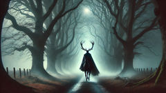 Nächtliche Begegnung mit Herne, dem Jäger: Ein Pferd und ein Reiter mit Geweihen, die durch den Nebel unter uralten Eichen erscheinen.