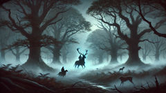 Herne der Jäger, ein gespenstischer Reiter mit Geweihen gekrönt, der durch eine neblige Eichenallee im Windsor-Wald quert.