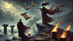 Cumaean Sibyl bargaining with Tarquinius Superbus, burning scrolls before him