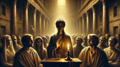 Lucretia making her confession to her father and husband in the hall