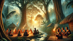 Ancianos Temuan realizando un rito de nombramiento bajo un dosel de árboles dipterocarpos, ofreciendo arroz y cantos.