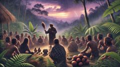 Rito de los Semai en el borde del bosque, bajo nubes que se acercan.