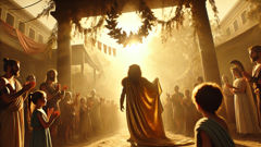 Heracles wearing the Nemean Lion's pelt as a mantle, villagers celebrating in the background