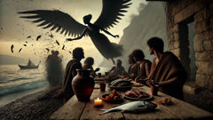 Una arpía desciende sobre un banquete costero, la sombra parte la luz mientras los aldeanos retroceden.