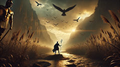 Heracles holding bronze krotala on a ridge while metallic birds wheel above a narrow valley