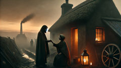 Eine Frau teilt Brot mit einem dünnen Fremden vor einer torfqualmenden Hütte – ein Segen im Austausch.