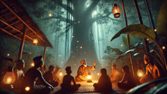 Un bomoh anciano contando historias a la luz de una linterna, bajo un dosel de hojas de la selva.