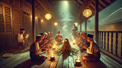 Un bomoh realiza un ritual nocturno con ancianos, cuencos de arroz y una pequeña efigie bajo una lámpara de aceite.