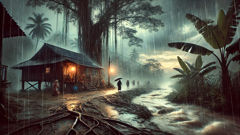 Una ceiba junto a un río, donde una mujer murió durante el parto, bajo cielos tormentosos.