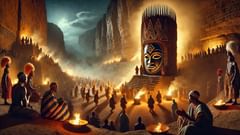Bailarines enmascarados y ancianos realizan los ritos nocturnos del Sigui, mientras la Gran Máscara se revela y se pone en movimiento a través del patio de la aldea.