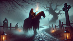 Dullahan pauses at a misty crossroads, holding his severed head aloft, horse steaming