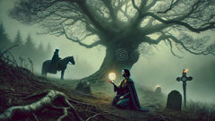 Eilish kneels at a misty hawthorn tree as the Dullahan emerges from fog under moonlight